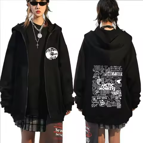 Vintage Arctic Monkeys Graphic Print Zip-up Hoodie Fall and Winter Fleece Oversized Jacket Sweatshir
