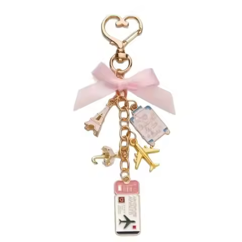Pink Enamel Keychain Ticket Luggage Plane Eiffel Tower Heart Buckle Romantic Key Ring Versatile Acce