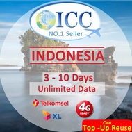 ICC_Indonesia XL/Telkomsel/Indosat 3-10 Days 4G/LTE + Unlimited data SIM Card (Can top up reuse)/Goo