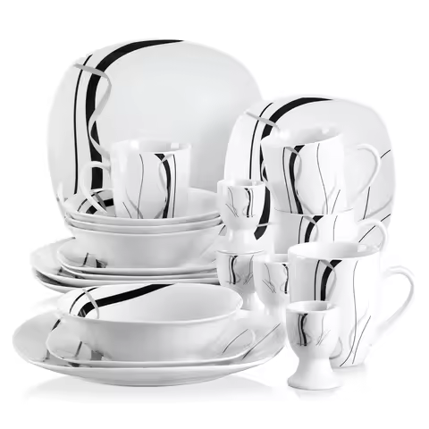 VEWEET FIONA 20/40 Piece Black Stripe Porcelain Dinner Kitchen Plate Combi-Set with Egg Cup/Mug/Bowl