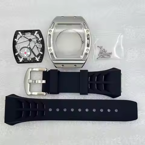 Tonneau-shaped steel case with sapphire crystal, compatible with Japanese 8N24 movement, used as a w