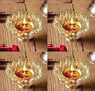 A&S Ventures Brass Crystal Flower Lotus Shape Round Diya Jyoti Oil Lamp for Home Puja Pooja Temple M