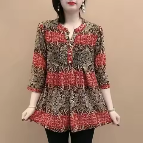 Y2k Vintage Women Clothing T-shirt Spring Summer Floral Tees Fashion Big Size 3/4 Sleeve Pulover Chi