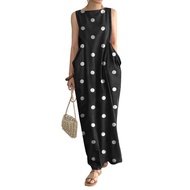 Dot Print Long Dress Loose Maxi Dress Summer Maxi Dress with Big Pockets for Women Plus Size Sleevel