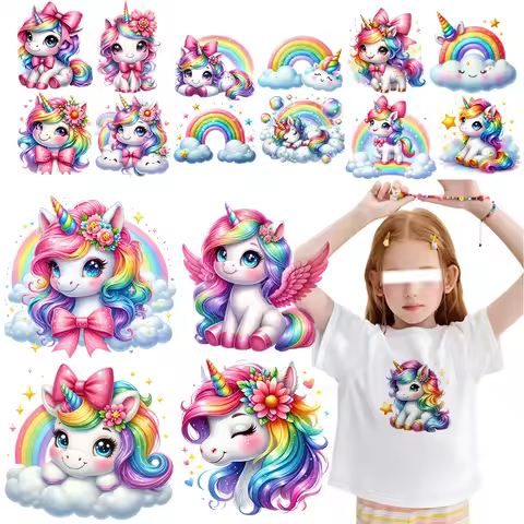 Cute Rainbow Cloud Unicorn DTF Iron On Transfer Heat Transfer On Clothes Patches for Children's Clot