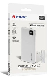 🔆 小西灣免費送貨🔆 Verbatim 10000mAh PD 3.0 和 QC 3.0 流動充電池 (連嵌入式充電線) Black (66972) / White (66701) 充電器 後備電 流