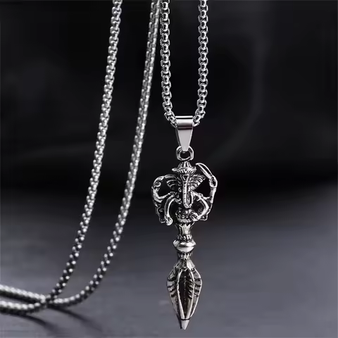 Tibetan Buddhist Vajra Pendant Necklace Titanium Steel Om Mani Padme Hum Charm with Crystal Accents 