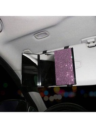 1入粉色汽車內飾，汽車化妝鏡，仿鑽石，可折疊超薄鏡子，遮陽板裝飾，時尚流行