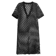 XITAO Hollow Out V-neck Short Sleeve Dress Casual Solid Color A-line Grid Loose Europe Comfortable S