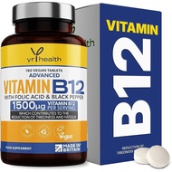 Vegan Vitamin B12 Tablets 1500mcg Methylcobalamin High Strength with Added Folic Acid & Black Pepper