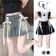 High-waisted pleated Jean skirt with bow tie, short style, flattering youthful and personality style