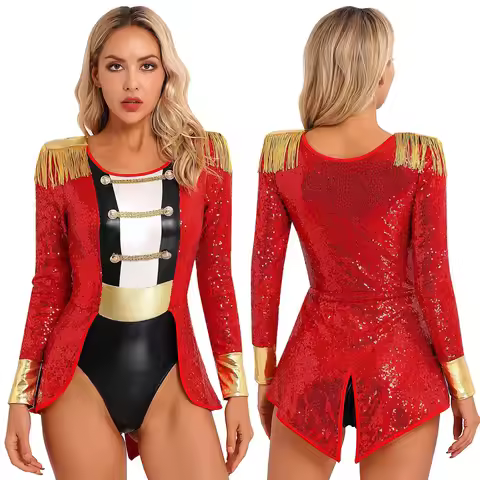 Womens Circus Ringmaster Cosplay Costumes Halloween Carnival Party Long Sleeve Sequins Tassel Tuxedo