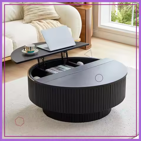 33" Round Lift-Top Coffee Table with Hidden Storage, Modern Fluted Design for Small Spaces