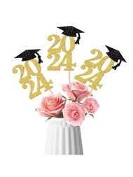 10入組閃爍金雙面2024畢業派對中心標桿閃粉桌面裝飾派對用品（2024卡紙，金色）