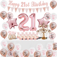 43Pcs Rose Gold Cheers 21th Birthday Party Balloon Set,Number Balloons,Cake Toppers,Banner, Optional