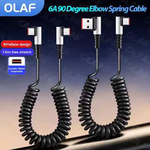 1.6M Retractable 6A 90 Degree Elbow Spring Cable USB Type C To Type C Fast Charging Data Cable For i