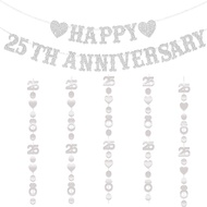 25th Anniversary Decorations, Silver Glitter Happy 25th Anniversary Banner with 25 Diamond Heart Gar