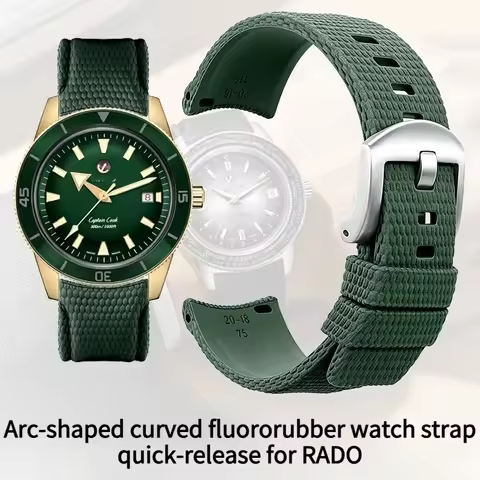 Arc-shaped curved fluororubber watch strap quick-release for original RADO CAPTAIN COOK Green bronze