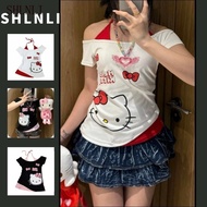 Summer Women's Off-Shoulder Short Sleeve Printed T-Shirt - Slimming Waist Fashionable Top