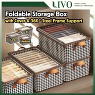 LIVO Steel Frame Storage Basket Houndstooth Foldable Wardrobe Organizer Drawer Kotak Penyimpanan Box