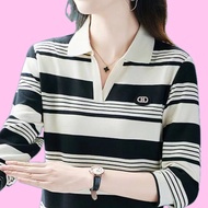 [031 M-4XL/3 Colors] Autumn Striped Long-Sleeved T-Shirt Women's Western Style Lapel Polo Shirt Midd