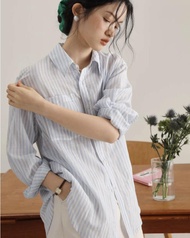 MUJI BLUE Stripe Shirt ผ้าลินินผู้หญิงระดับไฮเอนด์ผ้าฝ้ายผ้าลินินด้านบนบางเสื้อกันแดด