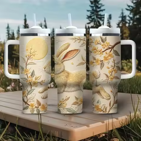 40Oz Tumbler with Handle, Retro Embroidered Rabbit Moon Yellow Flower Print, Suitable for All People