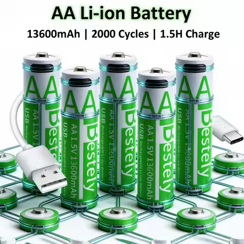 13600mAh 1.5V AA Lithium Rechargeable Battery 2000 Cycles Type-C 1.5H Fast Charge CE/UL/KC AA Batter