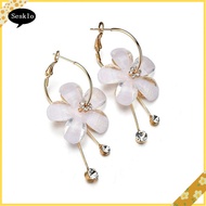 [SK] Elegant Rhinestone Flower Long Tassel Pendant Huggie Earrings Statement Jewelry