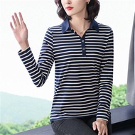 M-4XL Long-Sleeved Versatile T-Shirt~Long-Sleeved Women Pure Cotton Striped Loose Slimmer Look Shirt