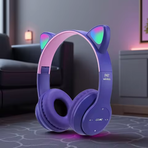 P47M Wireless Bluetooth Headset Gamer Cat LED Light Foldable Noise Cancelling Earbuds Wireless Headp