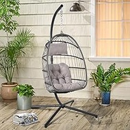 Hanging Egg Chair with Stand and Weather Cover, Indoor/Outdoor Foldable Wicker Rattan Swing Hammock Seat with Cushion Headrest, 350lbs Capacity for Bedroom, Patio, Porch - Ideal Xmas Gift