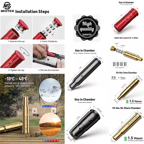 MidTen Bore Sighting Red L-aser 223 5.56mm 9MM 7MM 30-30WIN 6.5 CM 12GA Sighter with Extra Batteries