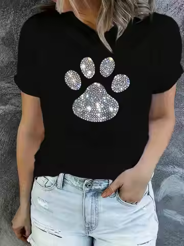 INAWLY Paw Print Round Neck Short Sleeve T-Shirt, Graphic Women Tee Soft Short Sleeve Fashion Female