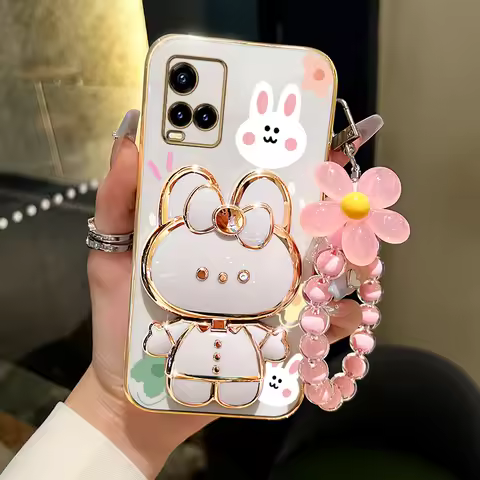 Y 32 33s 21s Flower Strap Makeup Mirror Cute Rabbit Phone Holder Case For Vivo Y33s 4G Y32 Y21 2021 