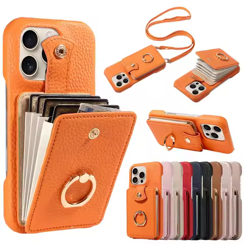 For IPhone 16 Pro Max 15 Pro Max 14 13 12 11 Pro Max 7 8Plus 16e PU Leather Phone Case with Ring Car