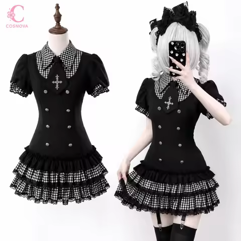 Japanese Gothic Lolita Y2k Plaid Puff Short Sleeve Dress Women Black Fake 2 Piece Cake Mini Dress Ha