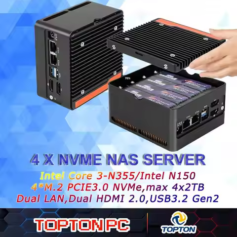 Intel Core 3-N355 N150 NAS Mini PC X86 Intel 4M.2 NVMe Slots DDR5 (Up to 48GB), Dual 4K Displays, Du