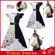 Kids Cruella de Vil  Costume For Girls Evil Queen Cosplay Child Halloween Clothes Wig Birthday Party