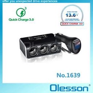 【認真賣】olesson QC3.0車充車載快充雙USB一分三點煙器數顯車載充電器NO.1639