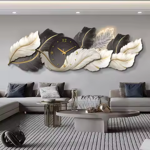 Modern light luxury Wall clock living room painting feather high sense wall clock interior mural zeg
