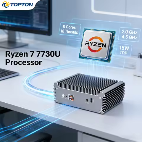 Topton Fanless Mini PC BOX: AMD Ryzen 7 7730U/5825U/4700U, R5 5625U Gaming Desktop, Dual LAN Firewal
