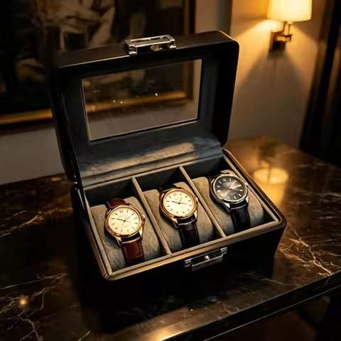 Business Gift 3 Slot Leather Watch Box Set, Lockable Watch Organizer + Self-Closing Pouch for Collea