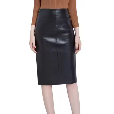 Women 2024 Autumn Winter Sheepskin Skirt Genuine Leather Midi Skirt Female High Waist Split Package 