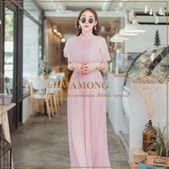 Mamong A0050 เดรสออกงานผ้าชีฟองอัดพรีทแขนลูกไม้