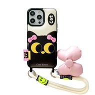 Ins Bow Cat Case สำหรับ iPhone14promax เคสหนังพรีเมี่ยมสำหรับ iPhone15 Pink Bow เคสโทรศัพท์เชือกสำหรับ iPhone13Pro เคสโทรศัพท์แมวสีดำน่ารักสำหรับ iPhone12Promax