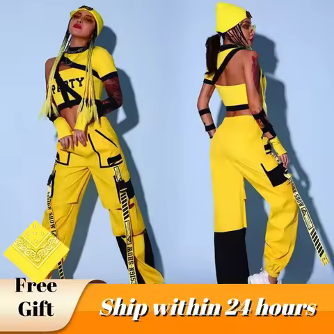 Jazz Dancer Outfit Women Hip Hop Dancewear Cheerleader Unidorm Stage Costume Yellow Cargo Pants Crop