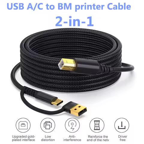 USB C Printer Cable 2-in-1 USB A or Type C to B male printer cord for HP Zebra Brother Epson Dell US