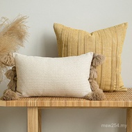 Simple Chinese Style Lonely Style Yellow Pleated Square Pillow Tassel Cotton Linen Lumbar Pillow Sof