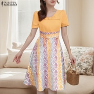 ZANZEA ชุดซันเดรสแขนสั้นคอวีสำหรับผู้หญิง #0825